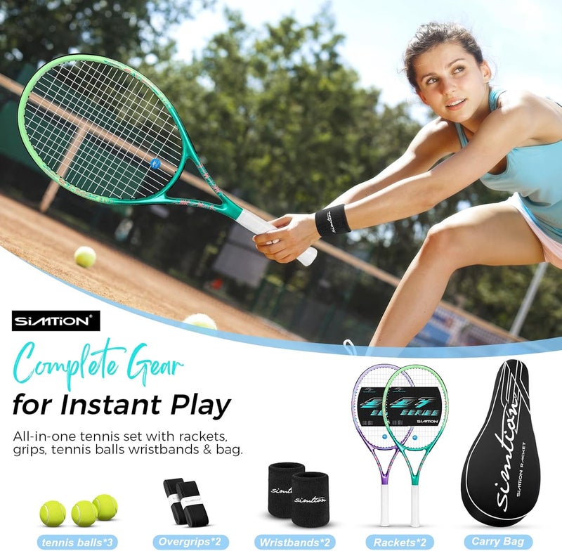 SIMTION 27 Inch Tennis Rackets Set, 2 Player Pre-StrungTennis Racquets for Adults, 2 Overgrip Tapes, 3 Balls, 2 Wristbands and Carrying Bag, for Beginner and Professional - Image 2